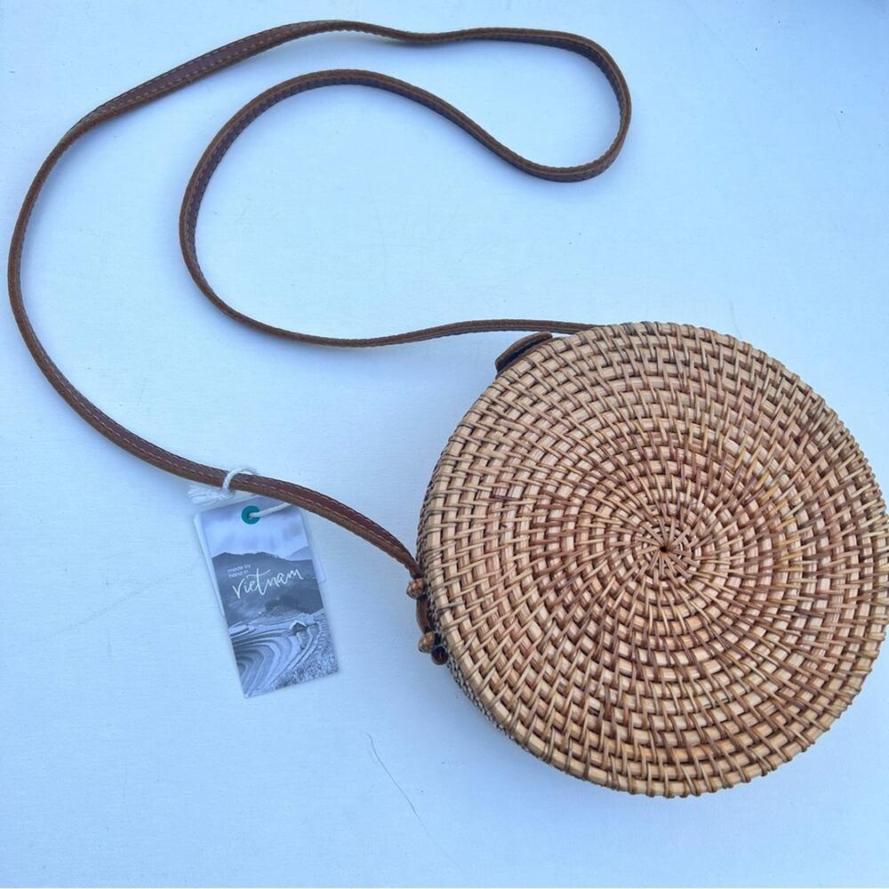 Wicker Brown Round Canteen Style Genuine Leather Strap Boho Style Bag NWT